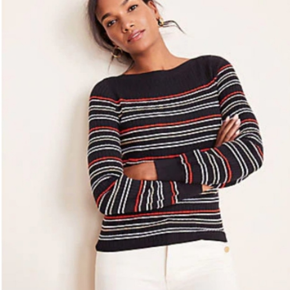 NWT Ann Taylor Women's Black Ottoman Ribbed Striped Boatneck Sweater Size XL.